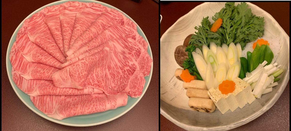 The marbled wagyu beef and vegetable platters served with the lunch sukiyaki course