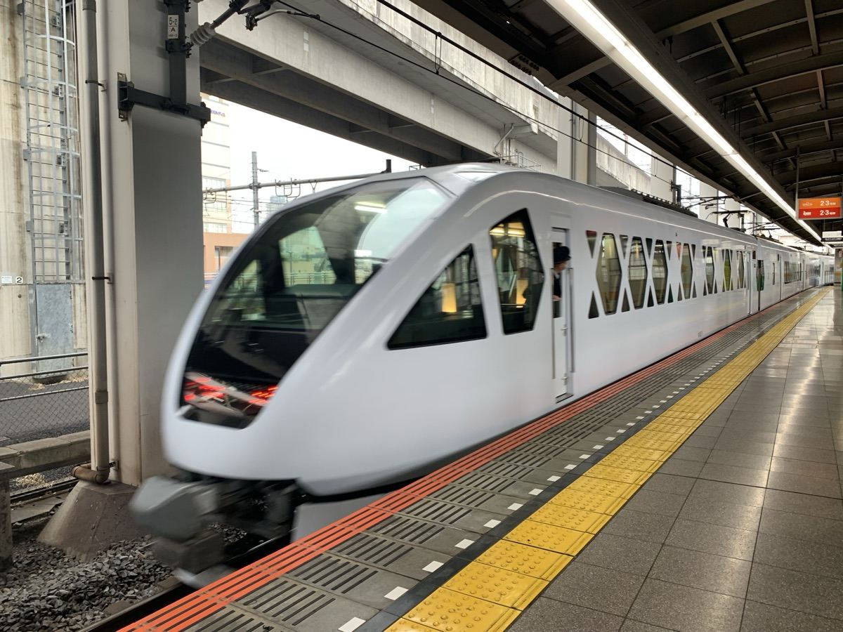 The SPACIA X limited express train at the platform — the direct train from Asakusa to Kinugawa Onsen